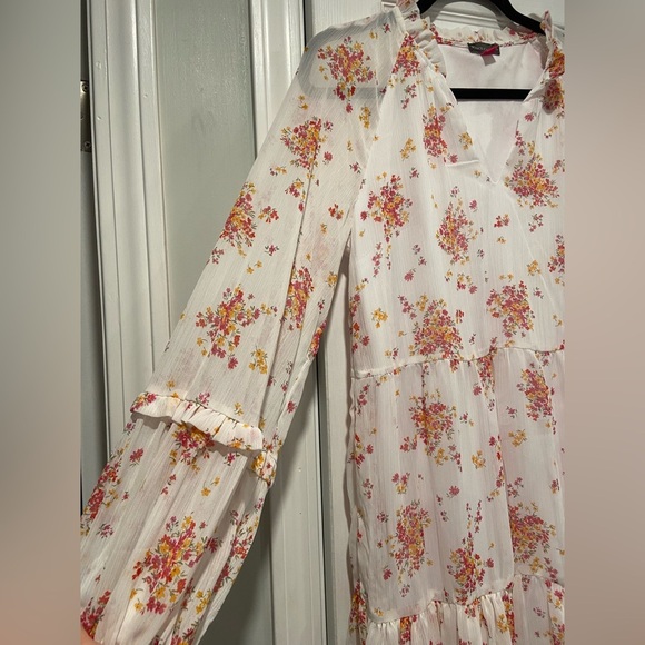NWT Vince Camuto Size S White Floral Ruffle Flowy Long Sleeve Sheer Mini Dress - Picture 3 of 14